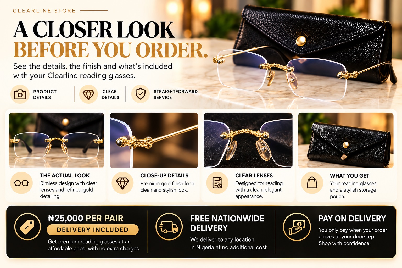 Detailed views of the rimless lenses, ornate gold fittings, slim arms and included pouch