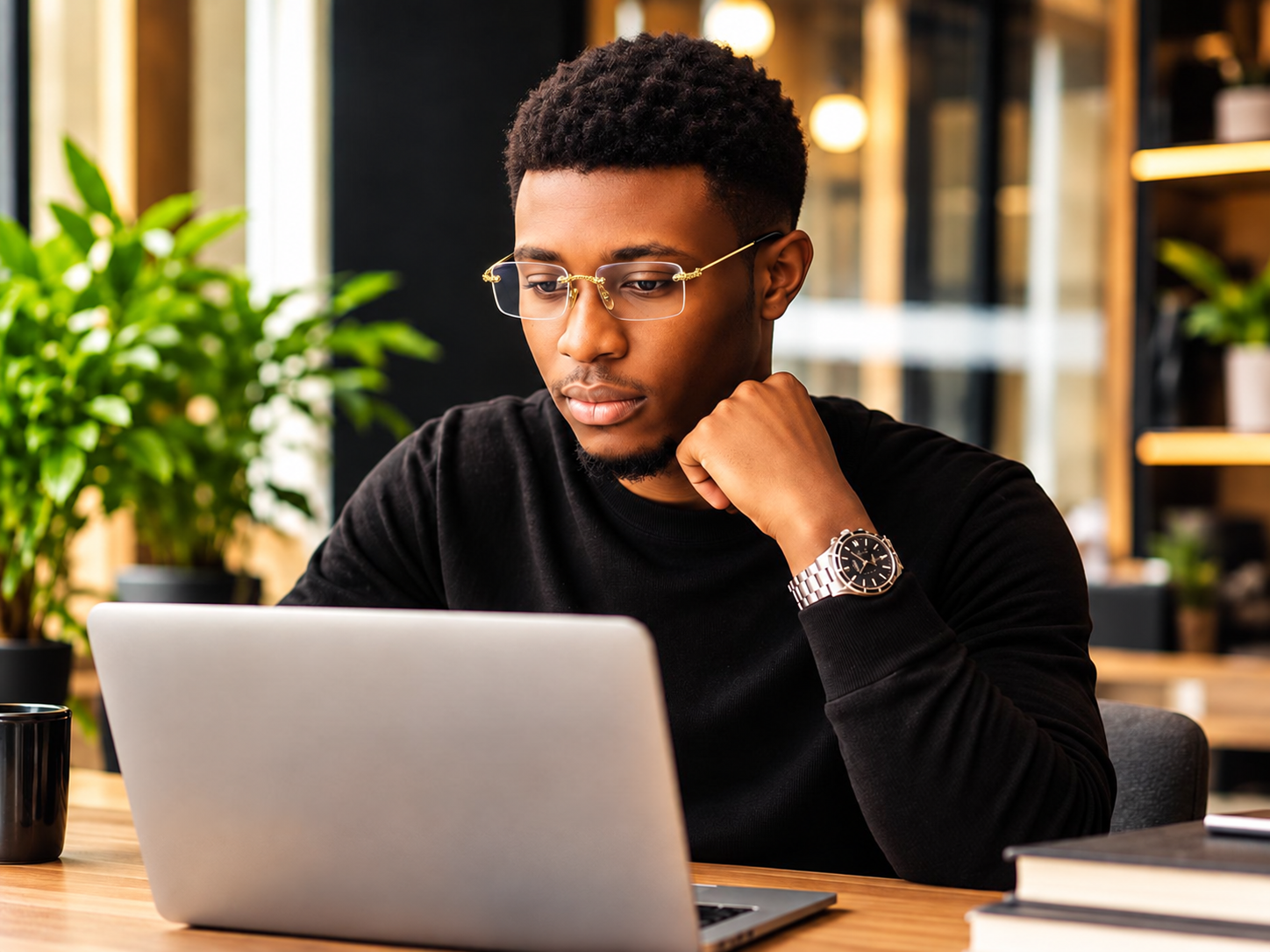 Man wearing the Clearline rimless gold frame while using a laptop
