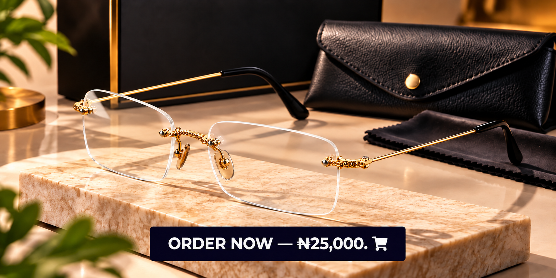 Rimless gold reading glasses displayed beside a black pouch