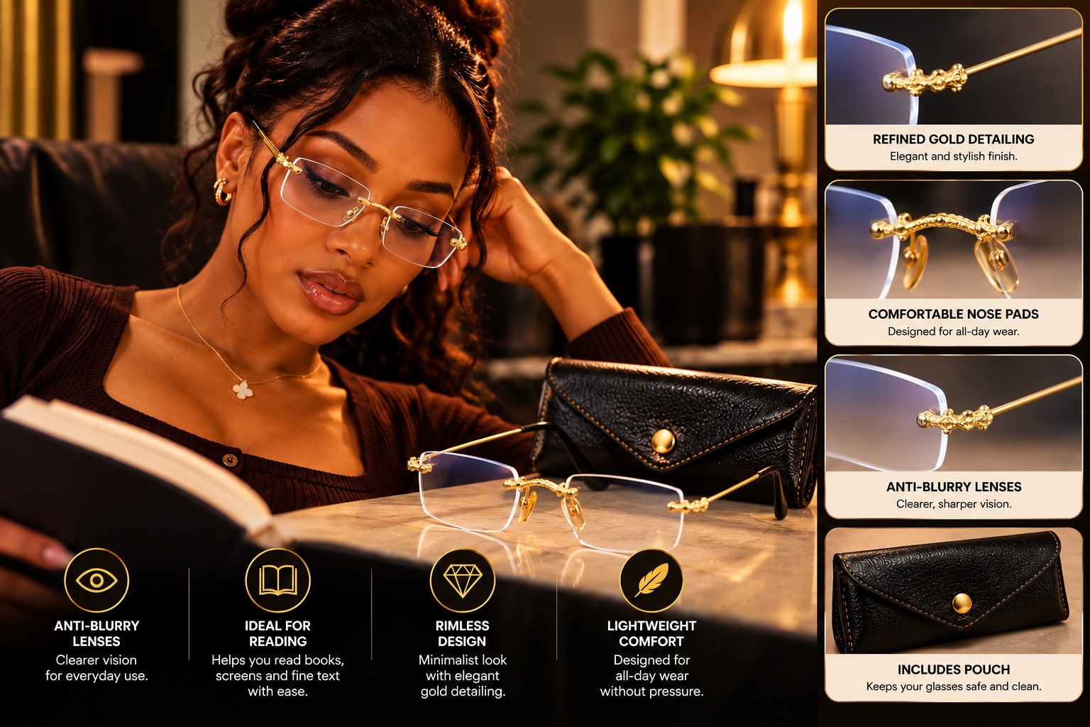 Woman reading in the rimless gold frame, with close-up views of the ornate fittings and nose pads